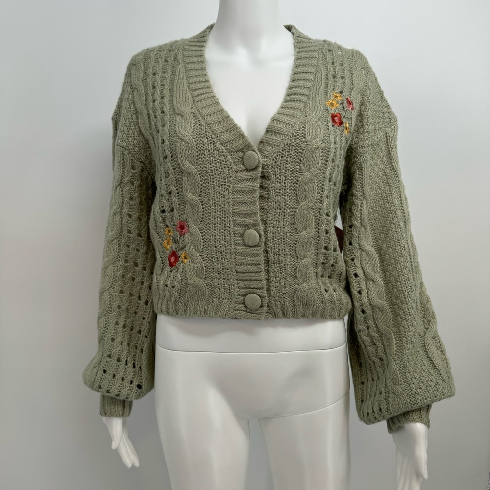 Crave Fame cable knit embroidered cardigan With Tank sweater sage green size M